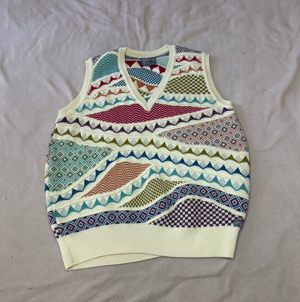 Vintage Geccu Sweater Vest Men’s Size L 3D Coogi Style Pure Merino Wool
